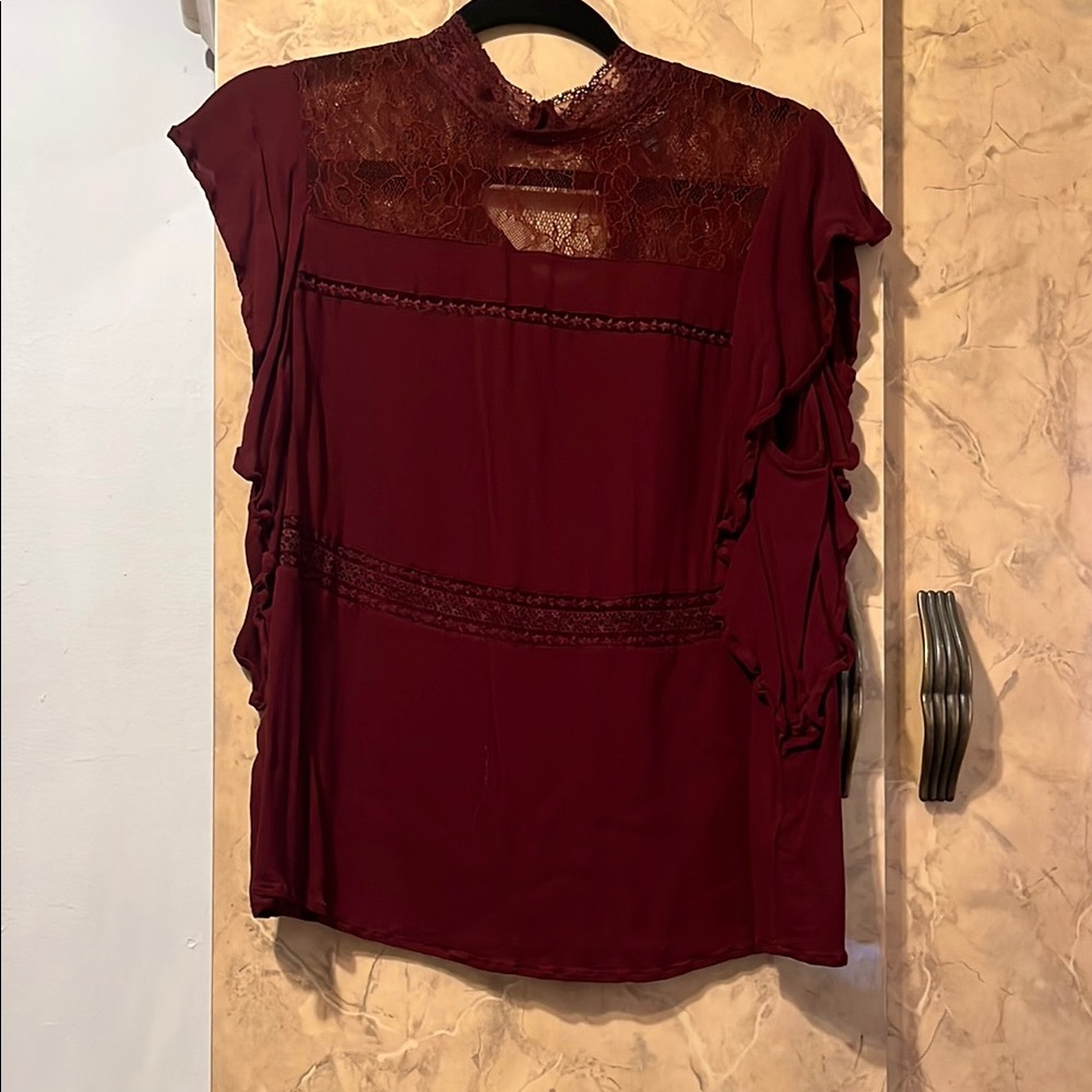 Express BurgundyRuffled Lace Blouse